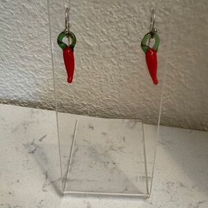 Red and Green glass Chili Pepper Earrings on silver ear wires new no tags